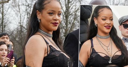 Rihanna wparowała na Fashion Week w mikro majtkach! Wyzywająca bielizna odwróciła uwagę od gołego ciążowego brzucha. Odważnie!