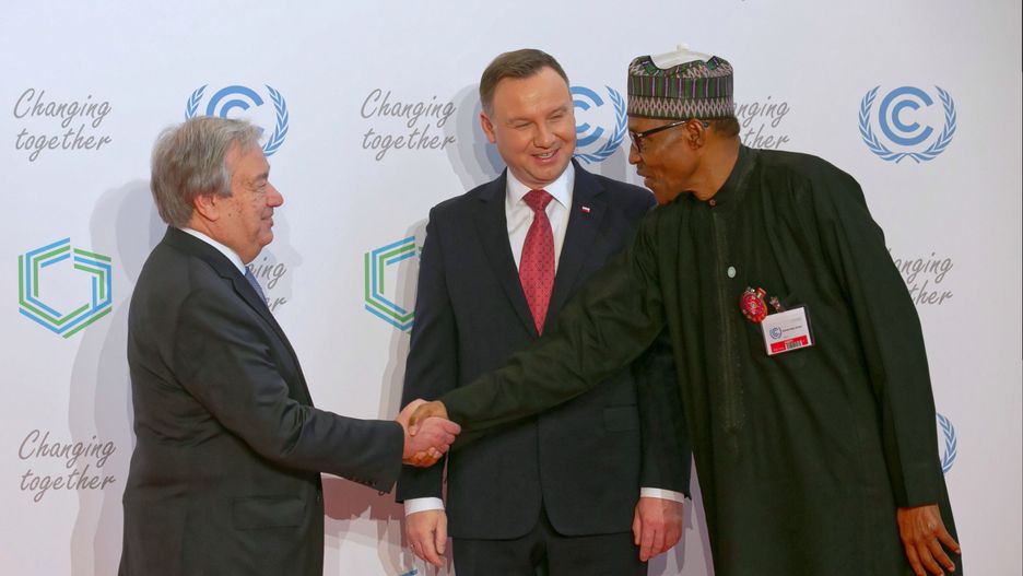 Prezydent Andrzej Duda, sekretarz generalny ONZ Antonio Guterres  i prezydent Nigerii Muhammadu Buhari  podczas uroczystego otwarcia Szczytu Klimatycznego ONZ COP24 w Katowicach
