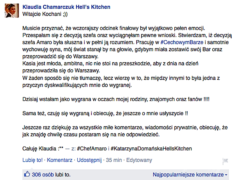 Klaudia Chamarczuk o przegranej w Hell's Kitchen 3 - Cechowy Bar w Złotowie, dziecko i problem z przeprowadzką?