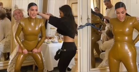 Pamiętacie lateksowy strój Kim Kardashian? Zobaczcie, jak go zakładała! [WIDEO]