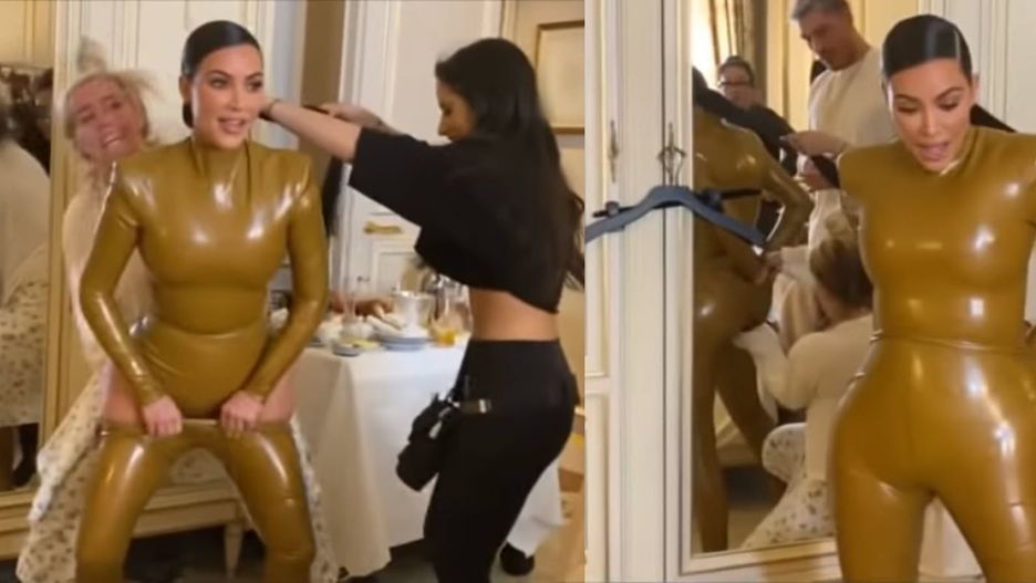 Kim Kardashian próbuje naciągnąć lateksowe spodnie na pupę