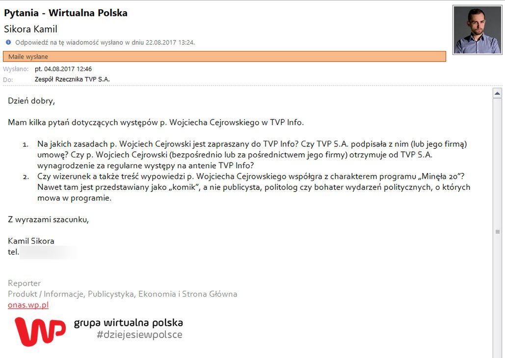 Mail wysłany do TVP 4 sierpnia 2017 roku. 