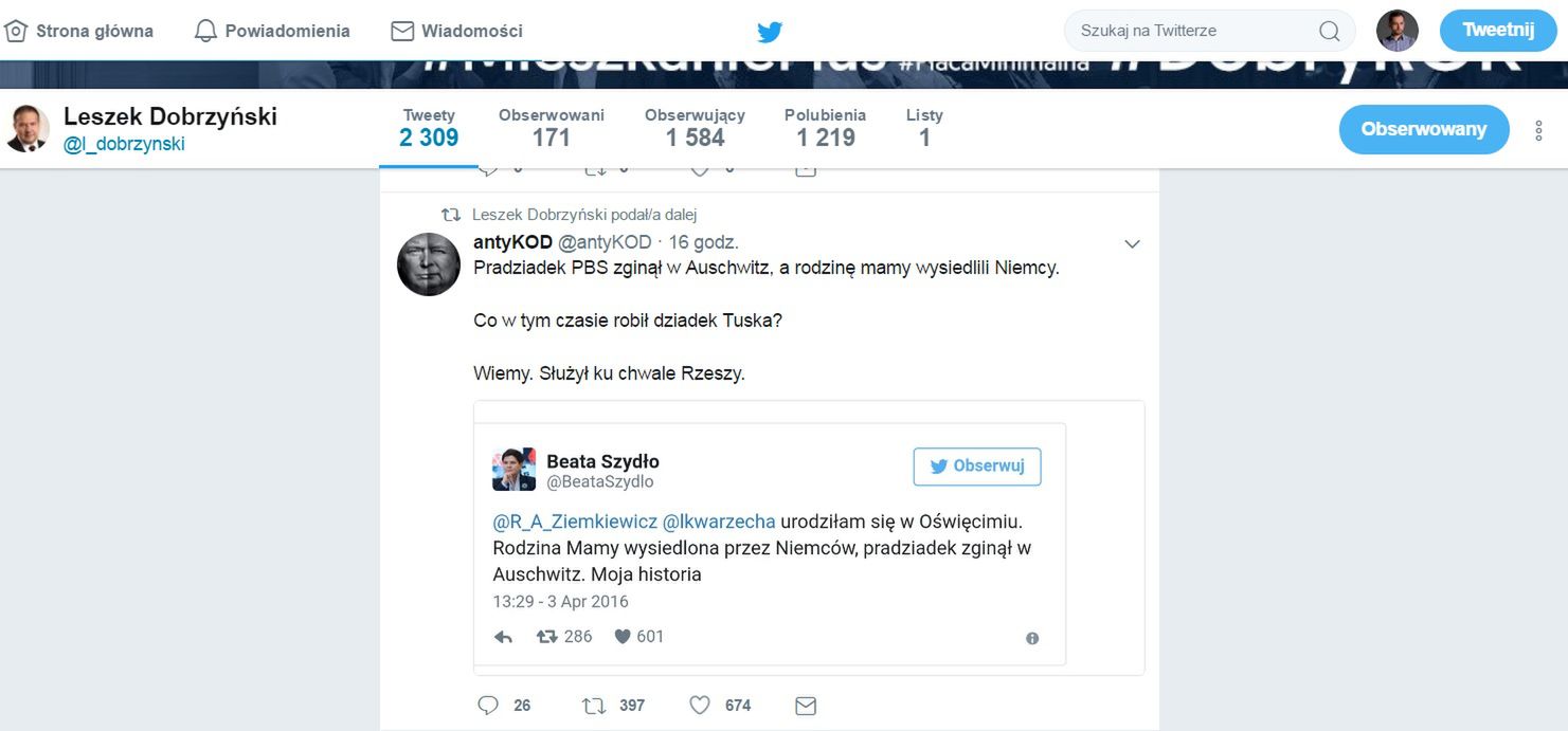 Screen z Twittera posła PiS Leszka Dobrzyńskiego 