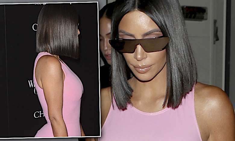 Kim Kardashian w różowej lateksowej sukience i spanxach