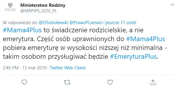 Tweet resortu rodziny dot. świadczenia "Mama 4 plus" 