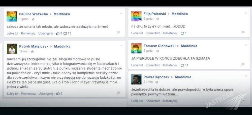 Reakcja internautów na śmierć Maddinki, fot. felieton Karoliny Korwin Piotrowskiej dla onet.pl