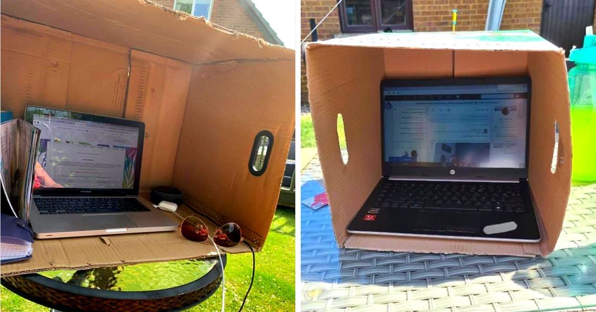 Za pomocą starego kartonu możesz zrobić ogrodowe home office na lato i korzystać ze słońca