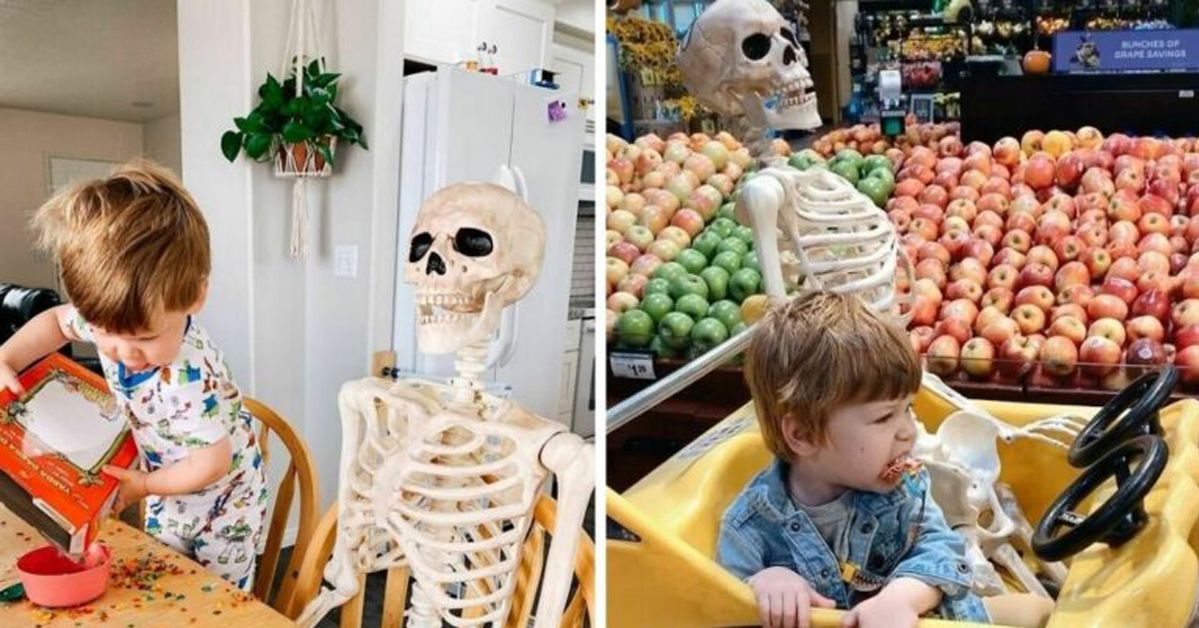 A Two-Year-Old Boy Makes Friends with a Halloween Skeleton. He Won’t Sleep If the Bony Friends Is Not Around!