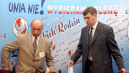 Prof. dr hab. med. Bogdan Chazan i lider LPR Roman Giertych na konferencji prasowej