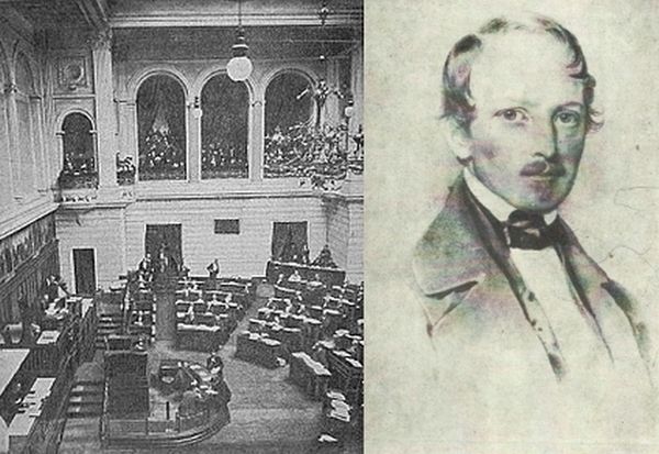 Portret posła Maurycego Kraińskiego i sala posiedzeń Sejmu Krajowego podczas obrad 