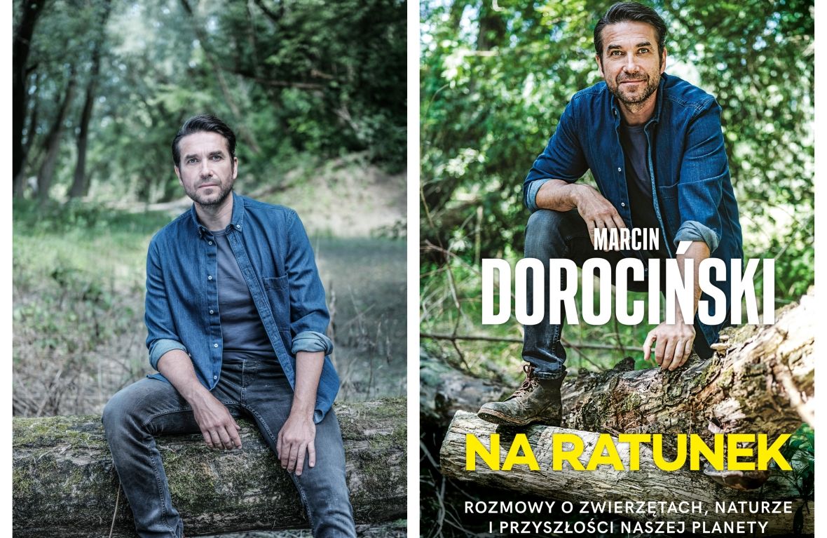 Marcin Dorociński i okładka jego książki "Na ratunek" 