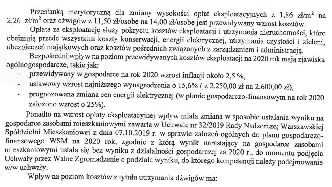 spółdzielnia mieszkaniowa - uzasadnienie podwyżek 