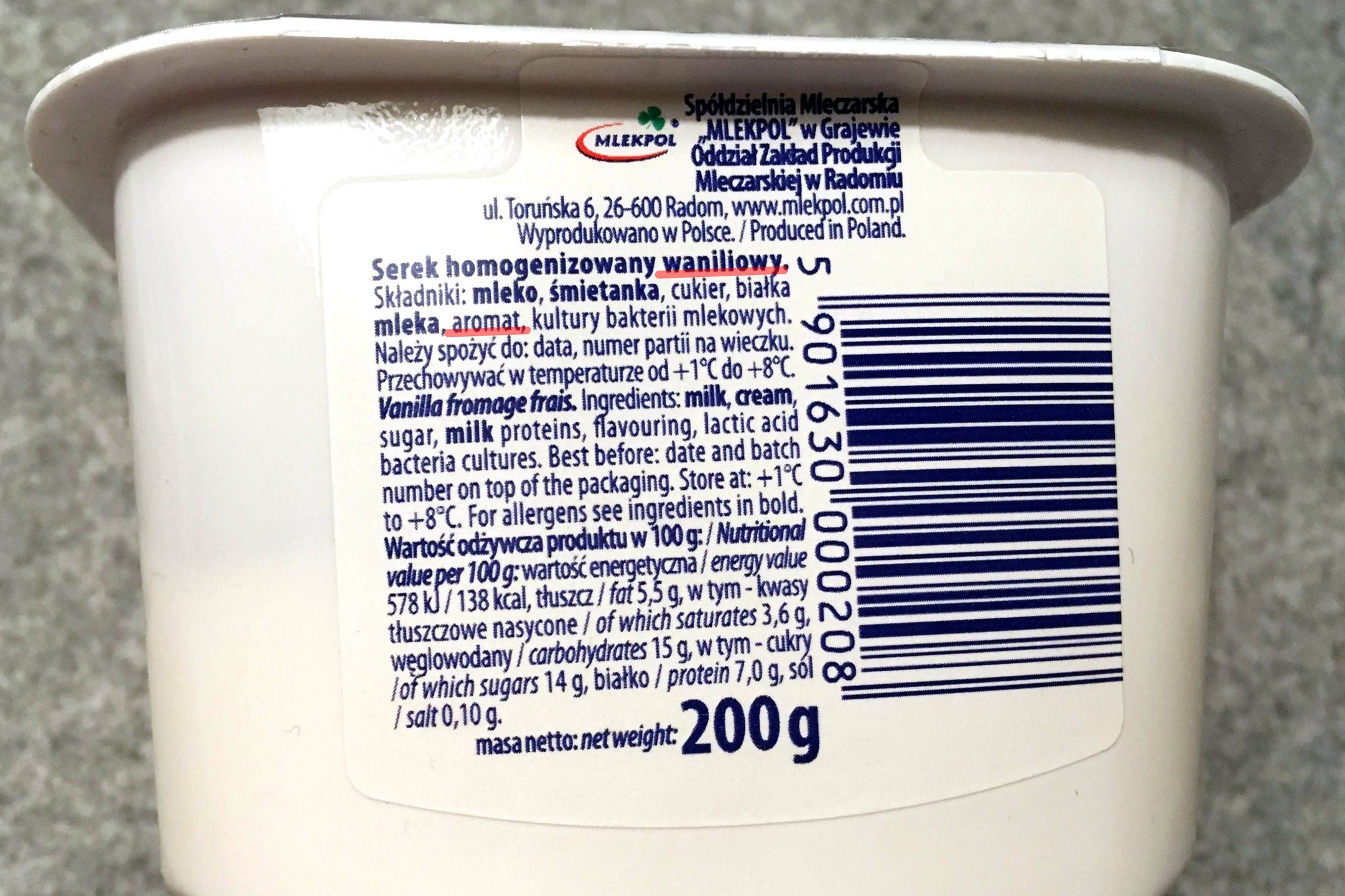 W składzie może być "aromat", o ile w 95 proc. pochodzi z wanilii. 