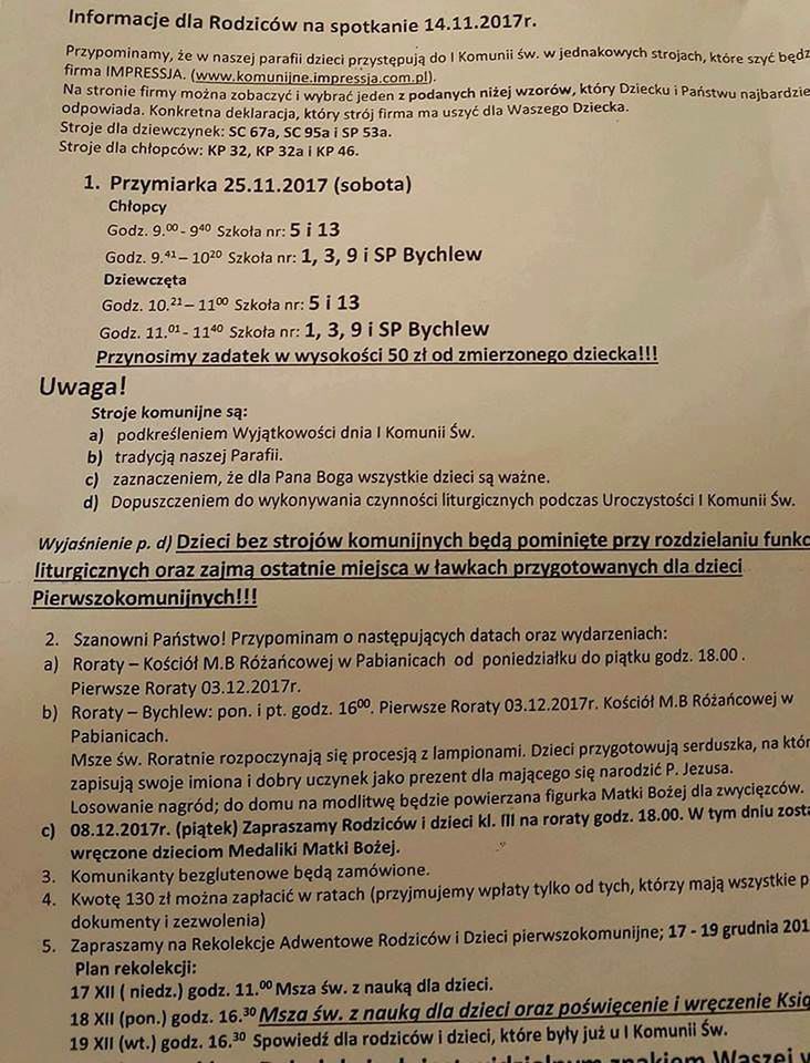Kontrowersyjne ogłoszenie dotyczące ubioru w czasie I Komunii Świętej w jednej z pabianickich parafii. 