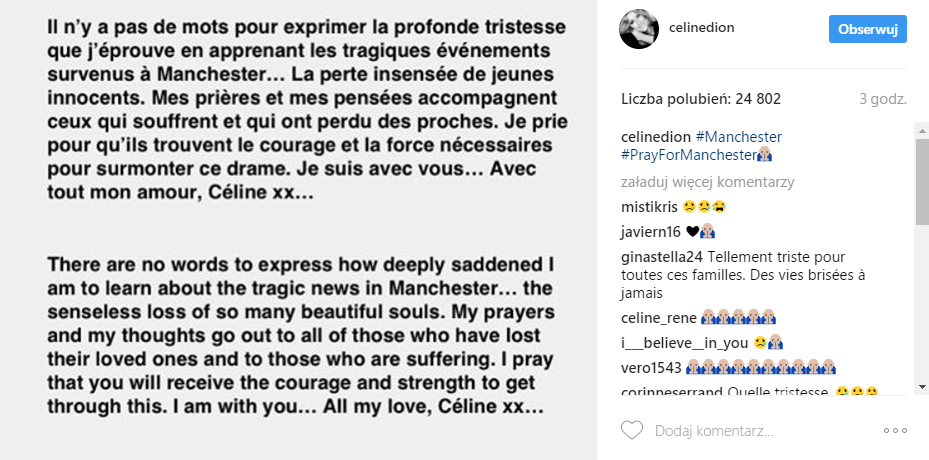 Celine Dion składa kondolencje rodzinom ofiar