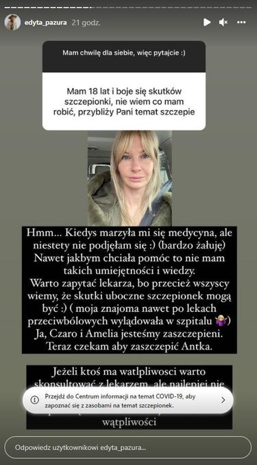 Edyta Pazura o szczepieniach