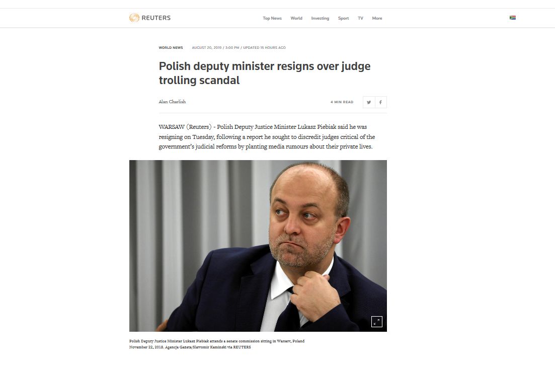Europejskie dzienniki i światowe agencje informacyjne piszą o rezygnacji wiceministra sprawiedliwości Łukasza Piebiaka 
