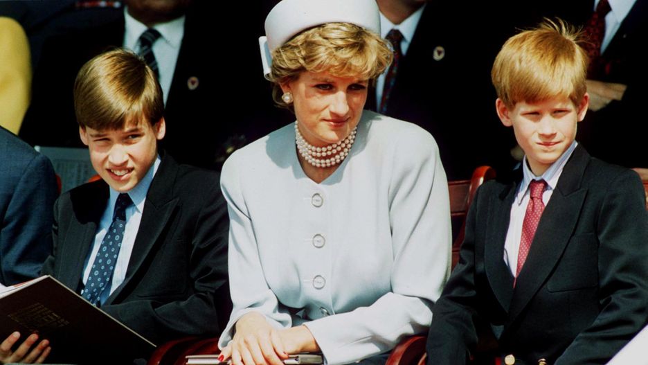Princess Diana with Prince William and Harry at Heads Of State Service for VE Rememberance Day, held in Hyde Park. Half Length.