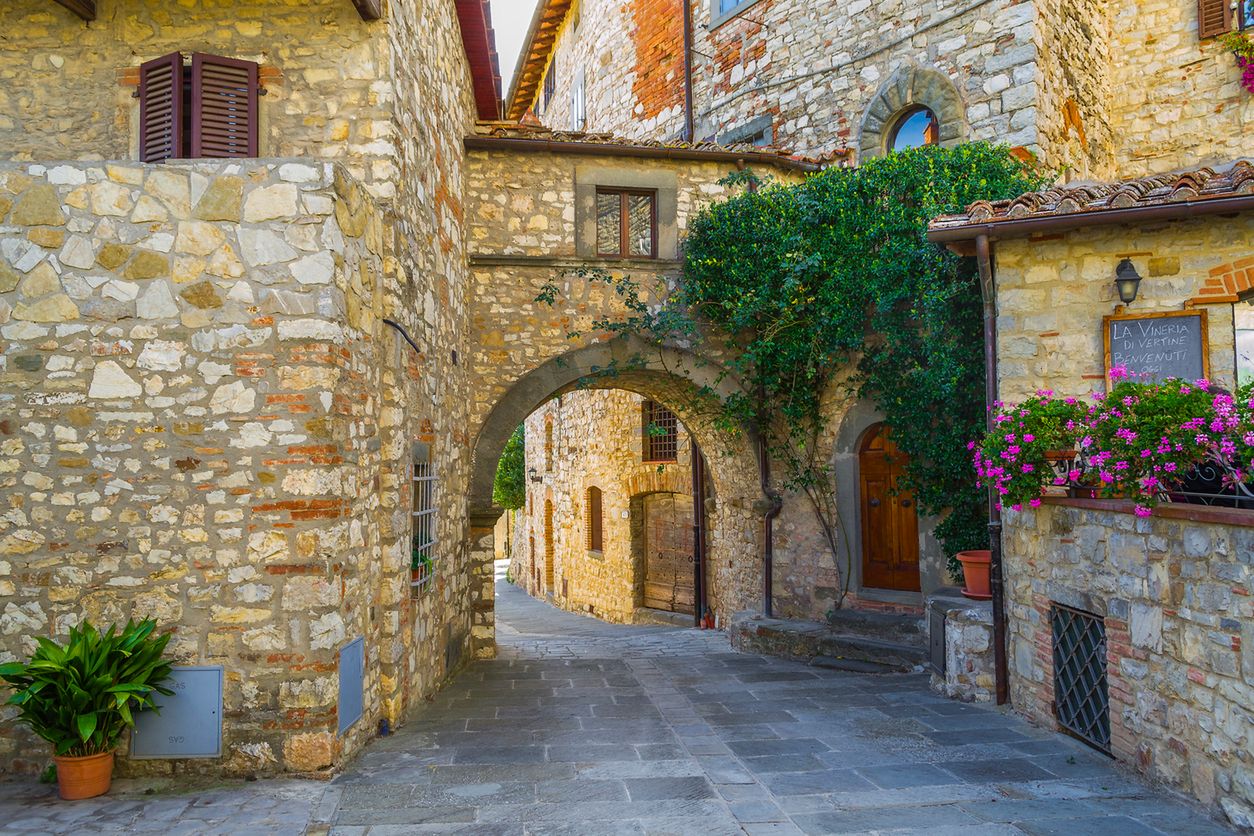 View of an alley in Volpaia (Siena, Tuscany, Italy). Borgo located in the Chianti countryside of Siena. 