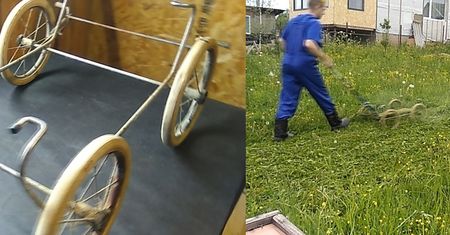 Znalazł resztki po wózku dziecięcym. Zrobił kosiarkę