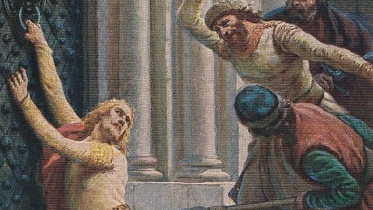 Zabójstwo Wacława na miniaturze w jednym z pierwszych jego żywotów. Z prawej widać księdza, który zamyka wrota świątyni, by uniemożliwić ofierze ucieczkę (domena publiczna)