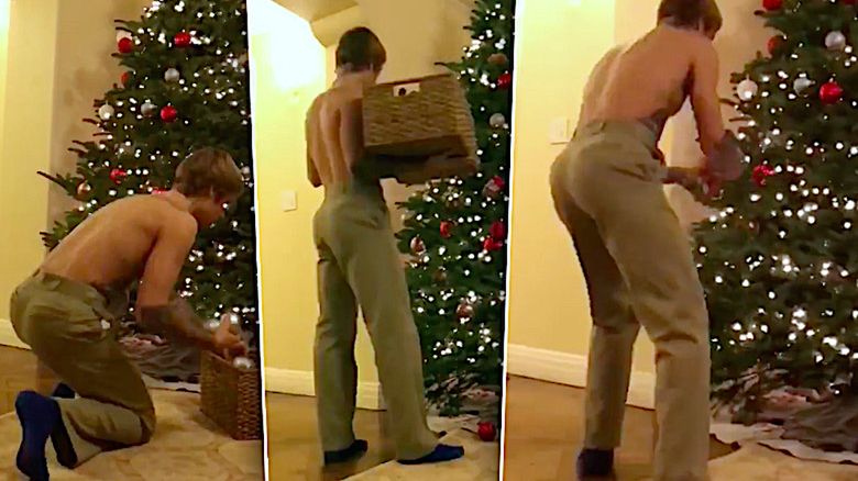 Justin Bieber ubiera choinkę bez koszulki