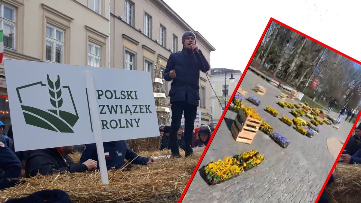 Rolnicy z Agrounii rozłożyli napis "#żywność" pod Pałacem Kultury i Nauki.