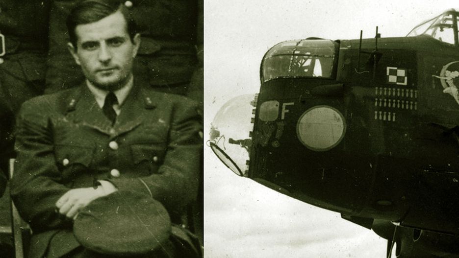 Por. pil. Mikołaj Kirkilewicz w mundurze RAF i Lancaster PB 854 BH-I, którym dowodził