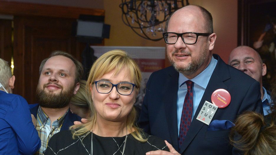 2018 rok. Wybory samorządowe. Wieczór wyborczy prezydenta Gdańska.W centrum Paweł Adamowicz i  jego żona Magdalena.