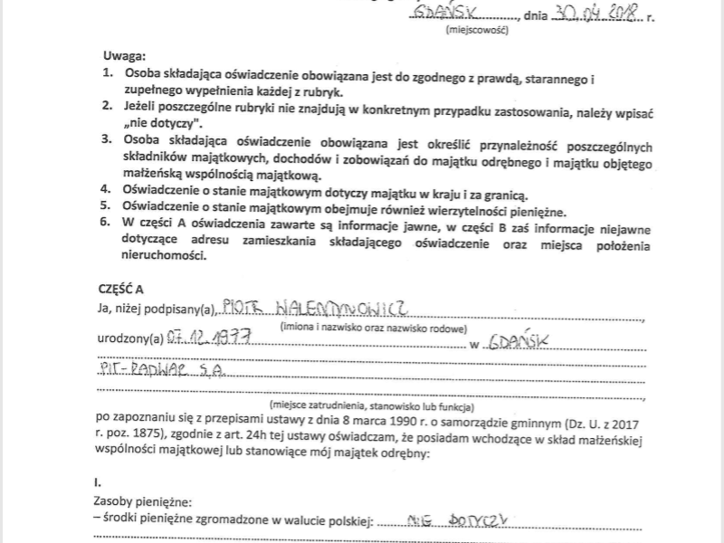 Piotr Walentynowicz nie wykazuje żadnych oszczędności 
