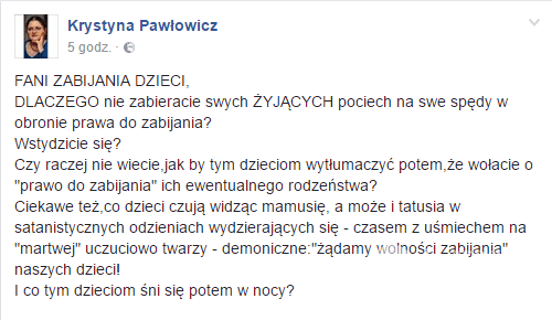 Krystyna Pawłowicz o protestujących przeciwko ustawie antyaborcyjnej na facebooku