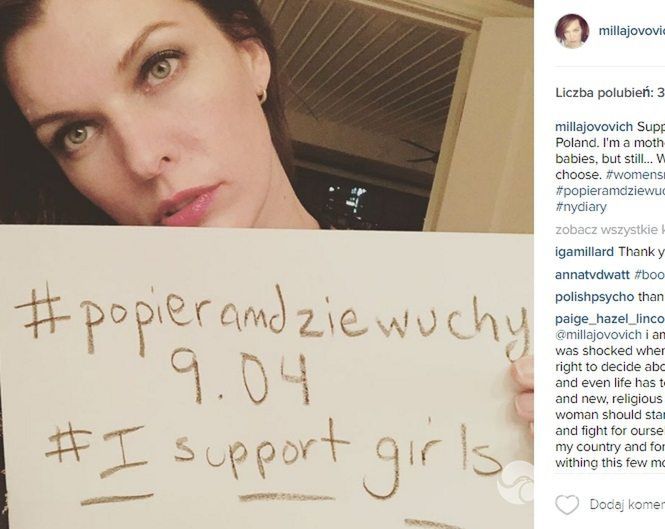 Milla Jovovich wspiera Polki walczace z ustawą antyaborcyjną