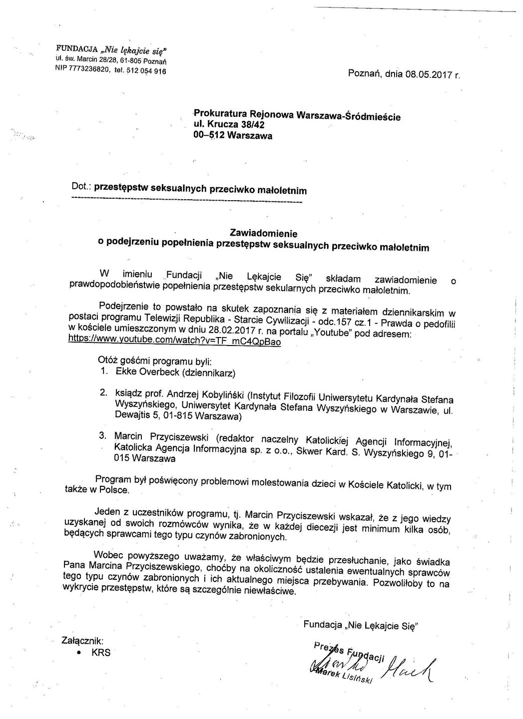 Zawiadomienie fundacji "Nie lękajcie się" 