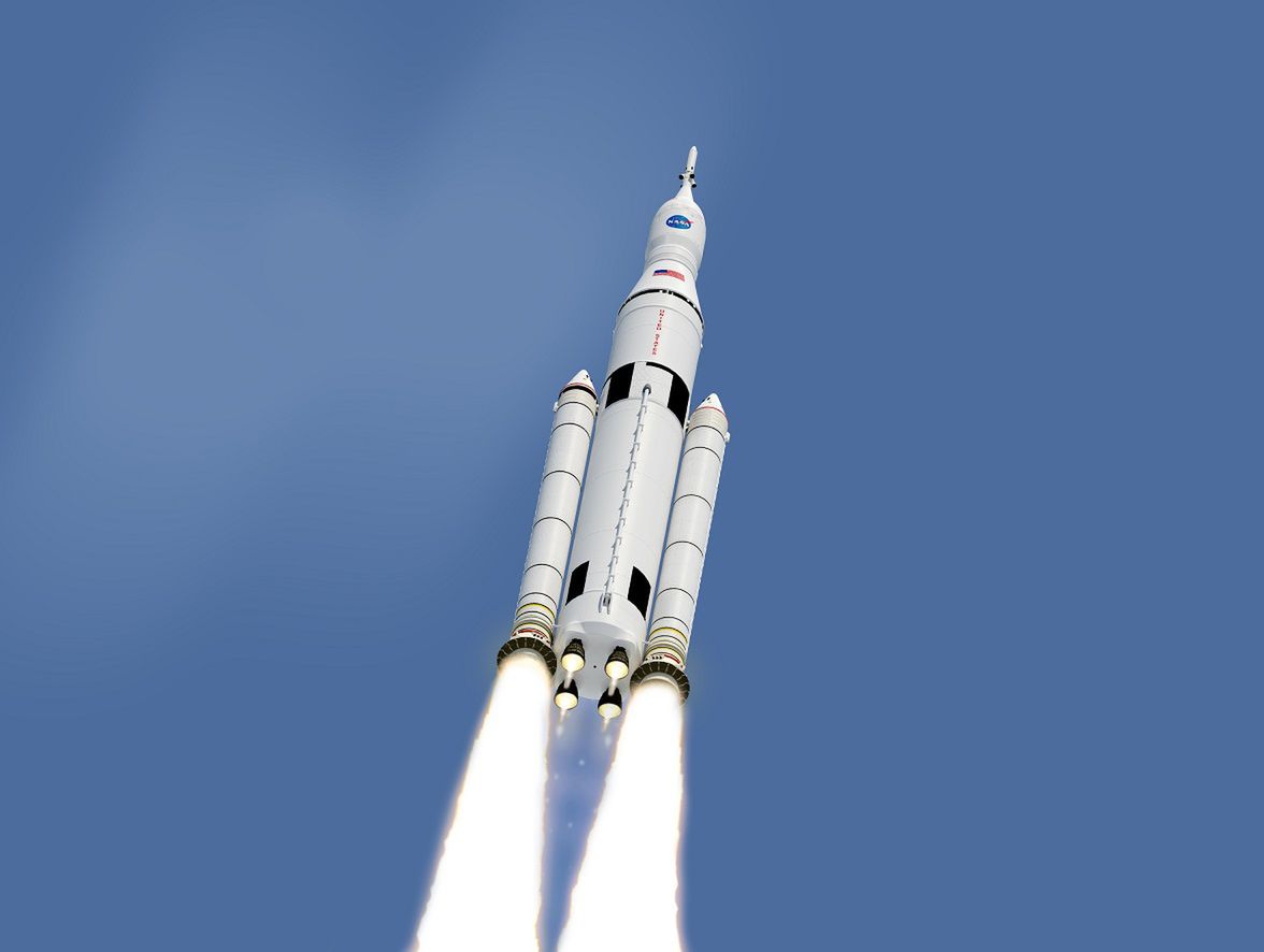 Grafika koncepcyjna przedstawiająca moment startu rakiety Space Launch System 