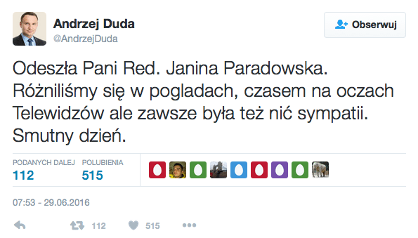 Andrzej Duda o Janinie Paradowskiej