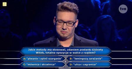 „Jakie metody ma stosować, zdaniem Elżbiety Witek, totalna opozycja w walce z rządem?” Sprawdź, jaka była poprawna odpowiedź na pytanie w „Milionerach”
