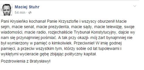 Maciej Stuhr na Facebooku odpowiada Krystynie Pawłowicz
