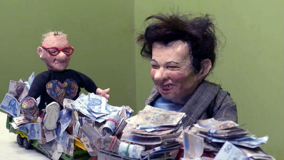 Karykatury Jerzego Owsiaka i Hanny Gronkiewicz-Waltz z "Dobranocki" Barbary Pieli