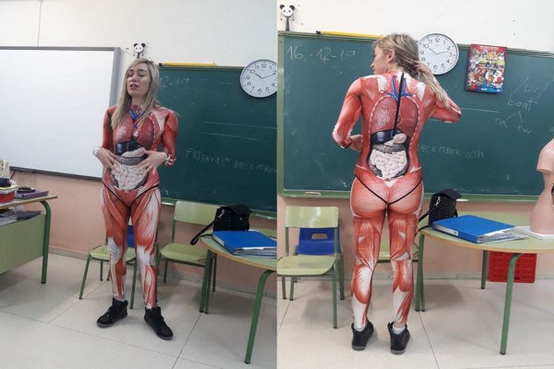 Nauczycielka zrobiła uczniom lekcję anatomii. W takim stroju