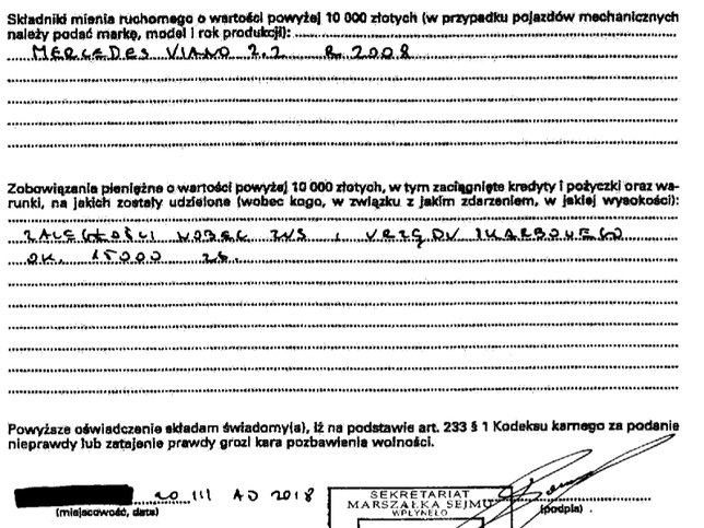 Fragment oświadczenia majątkowego Dobromira Sośnierza, w którym ujawnia swój dług 