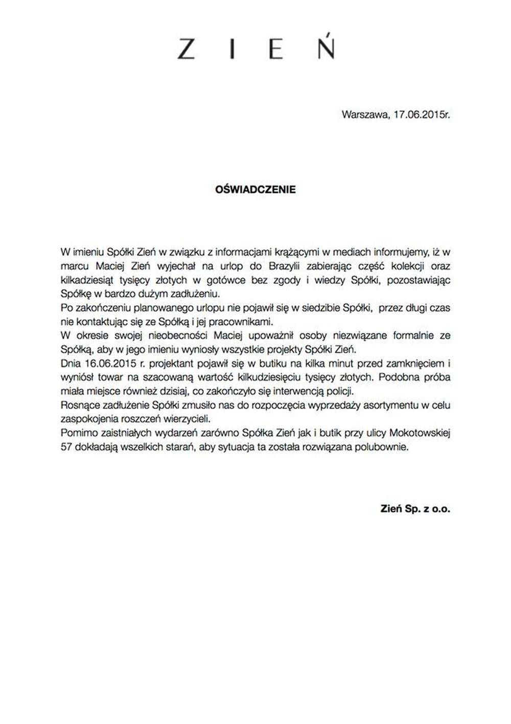 Oświadczenie spółki Macieja Zienia, fot. Facebook