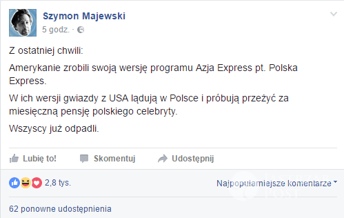 Szymon Majewski śmieje się z "Azja Express"