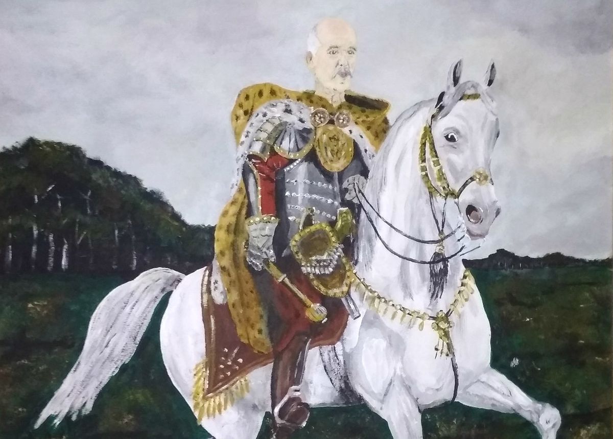 Obraz z podobizną Janusza Korwin-Mikkego trafił na aukcję. "Romantyczny wojownik na białym koniu". Cena już szybuje