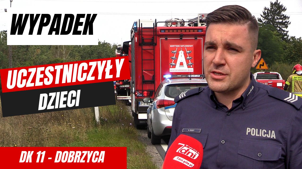 Wypadek busa z dziećmi na DK11 w Dobrzycy