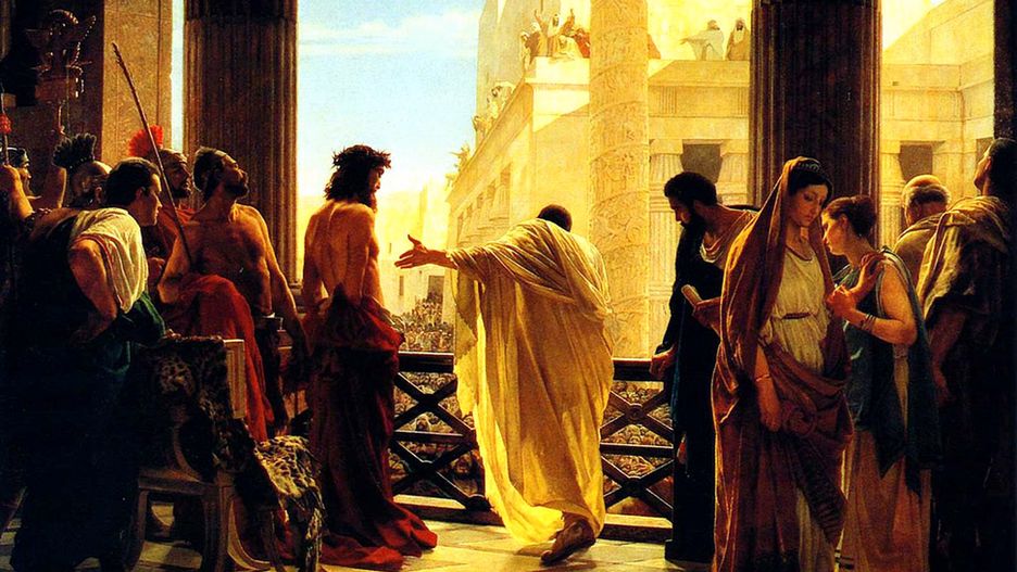 Piłat i Jezus na obrazie Antonio Ciseri. Piłat wychowany w tradycji rzymskiego prawa i nie chciał skazywać niewinnego. 