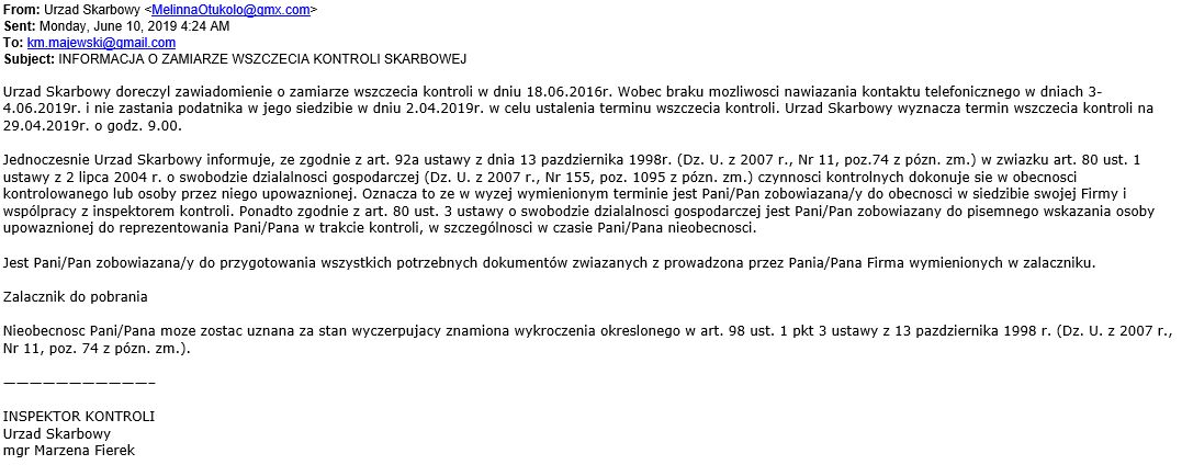 Treść fałszywego maila, zawierającego wirusa. 