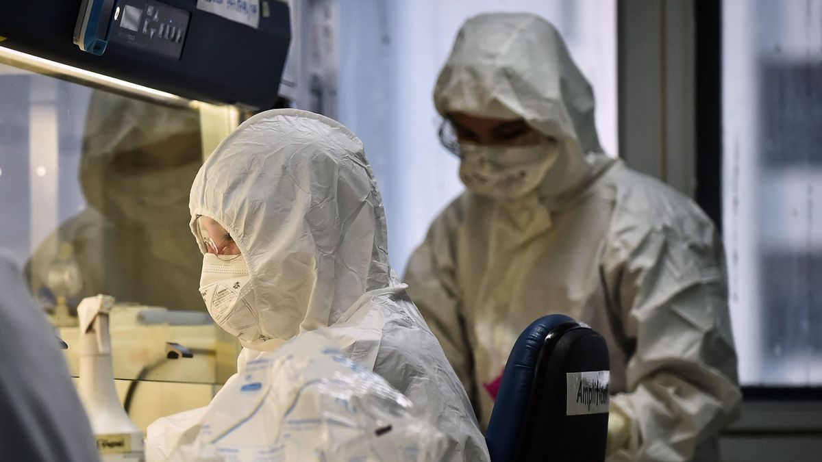 Technicy laboratoryjni podczas badania próbek pacjentów pod kątem koronawirusa.