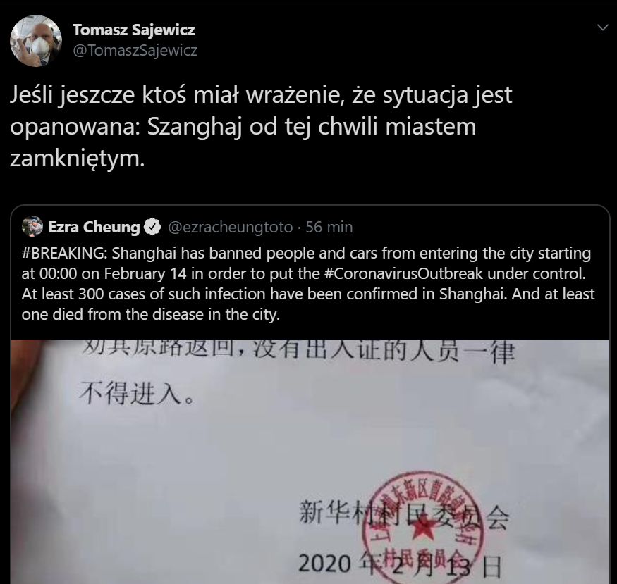 Konto dziennikarza, który poinformował o blokadzie Szanghaju, zniknęło z Twittera. 