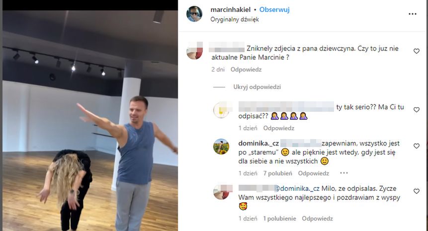 Partnerka Marcina Hakiela odpisuje zaniepokojonej stanem związku jej i tancerza fance