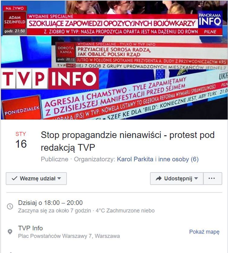 "Stop propagandzie nienawiści". Dziś protest pod siedzibą redakcji TVP Info. 